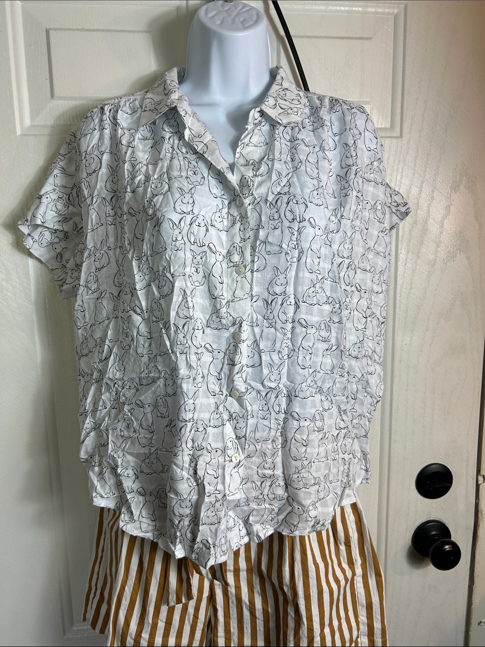 Jane and Delancey White Button-Front Short Sleeve Top with Black Bunny Print